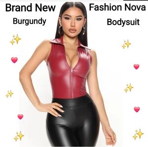 Fashion Nova Biker Baddie Sleeveless PU  Burgundy Zip-Up Bodysuit, Size L
